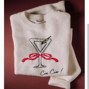 NWT English Factory Anthropologie Cocktail Motif Sweater Cin Cin White XS